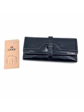 S-ZONE Womens Black Genuine Leather Tri-Fold Long Wallet